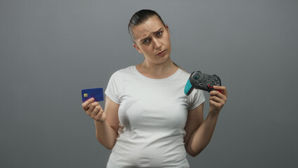 Woman holding gamepad and credit card, tilting head and frowning while comparing controller and payment card in studio  uncertainty. © Krakenimages.com
