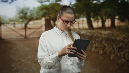 Fototapeta premium Woman hispanic tapping tablet with fingers while reading screen, wearing red glasses beside a gate and stone wall in forest; focus study.