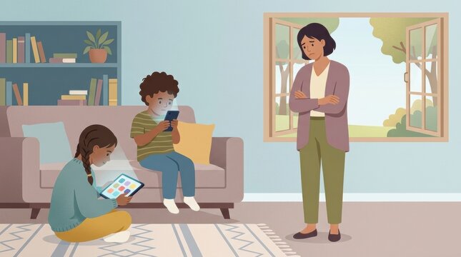 Children Using Devices at Home While a Parent Looks on With Concern About Screen Time and Its Impact on Health and Well-Being