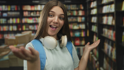 Girl with headphones around neck and backpack gestures with open hands along tall bookshelves in library  confidence. © Krakenimages.com
