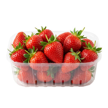 Container full of fresh ripe red strawberries with green leaves on transparent background.