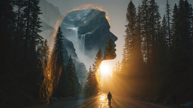Contemplative journey through nature with silhouetted woman face and serene forest pathway scene, psychology concept