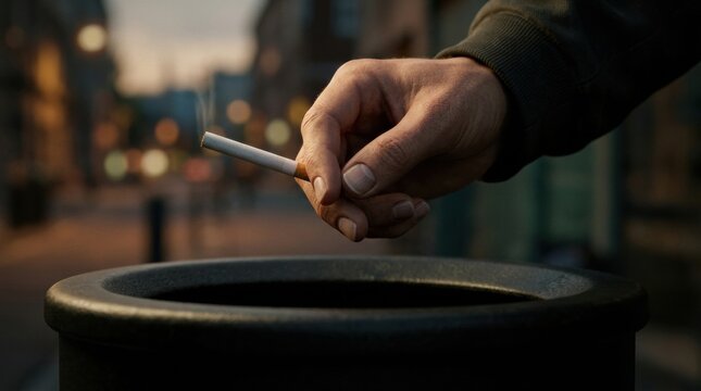Hand Dropping a Cigarette Into a Trash Can in an Urban Setting During Dusk, Marking a Step Towards Recovery From Bad Habits