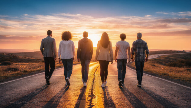 Diverse group of business people and friends walk together on a rural road at sunset, casting long shadows, symbolizing partnership, journey, and aspiration