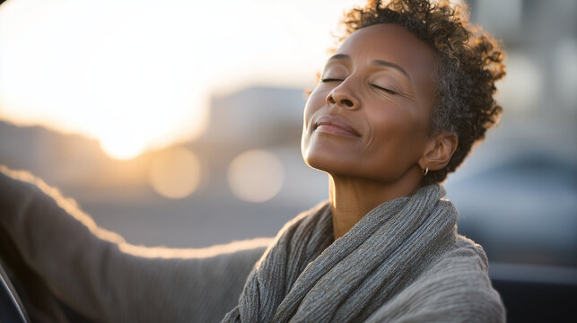 Middle-aged Black woman exhaling slowly in parked car outside bank, eyes closed, hands gripping steering wheel, golden hour light flooding windshield, financial anxiety relief, emotional recovery, h