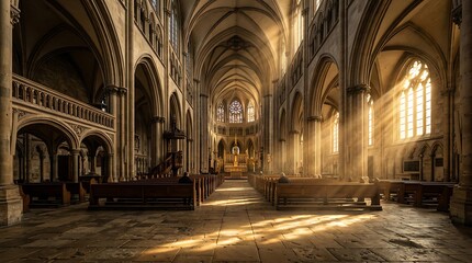 Obraz premium Ancient Gothic Cathedral Interior with Divine Light Beams