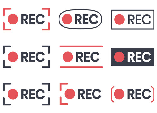 Collection of nine red and dark gray recording with r e c text record rec button recording symbol audio media play button