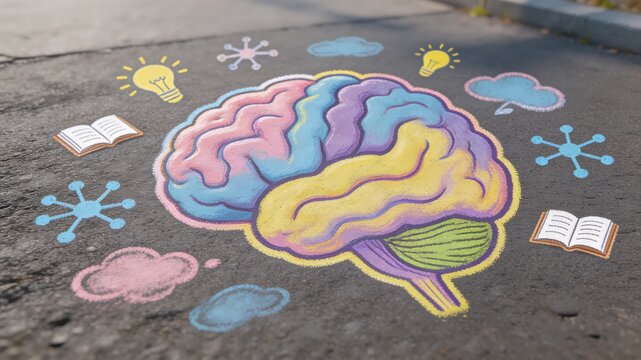 A creative and imaginative chalk drawing of a brain on a pavement, surrounded by thought bubbles, books, and lightbulbs, representing ideas, learning, and inspiration.