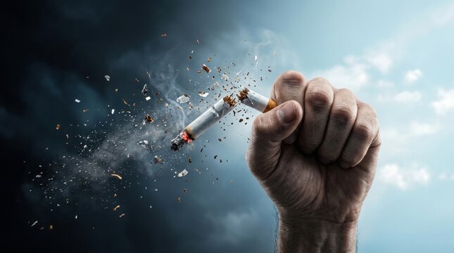 Hand Breaks Cigarette to Symbolize Fight Against Bad Habits and Addiction Recovery in a Dramatic Scene