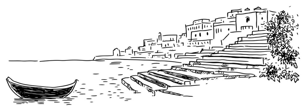 Varanasi ghat with stone steps and old buildings by the river Ganges in hand drawn sketch style