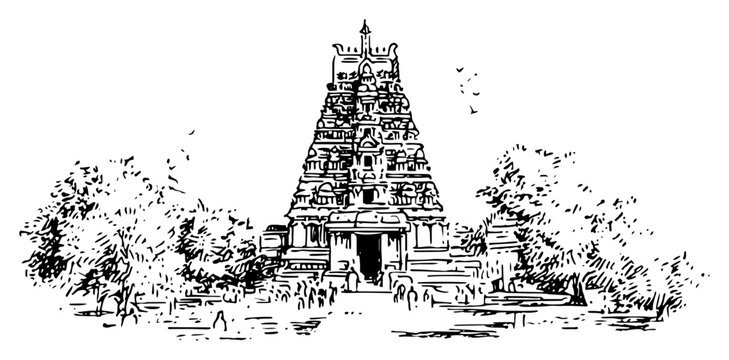 Ancient hindu temple architecture with ornate gopuram tower and trees sketch style