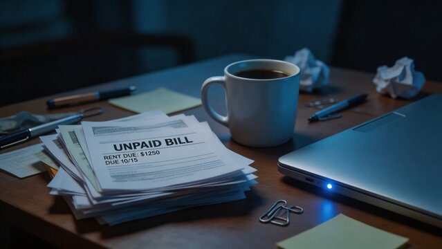 A dimly lit room with a cluttered desk, featuring a stack of unpaid bills, a laptop, and a cup of coffee, conveying a sense of financial stress and late payments.