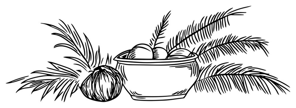 Bowl of offerings with coconut and palm leaves in hand drawn sketch style