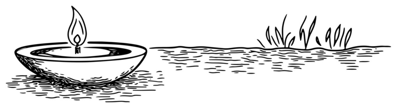 Diya oil lamp floating on river water with reeds in hand drawn sketch style