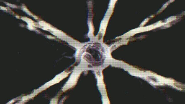 Dynamic animation of a stylized neuron-like structure with a modern halftone pixel art effect. Represents artificial intelligence, digital brain activity, and complex data connections.