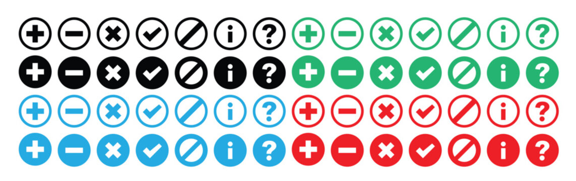 set of icons for web design, check mark icons button set. Yes or no checkmark sign. Check box icon with right and wrong buttons. green and red and blue tick box and red cross symbol, 