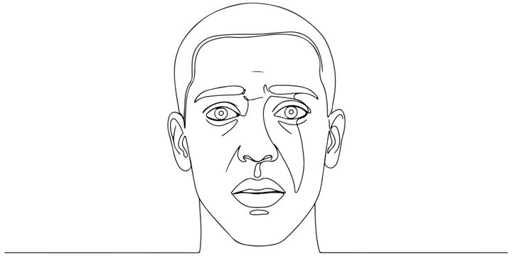 Continuous one line drawing of a man's face with wide open eyes and traumatized expression, representing war-related mental disorder, line art style vector illustration.