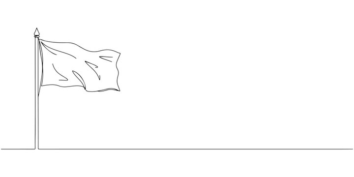 Continuous single line drawing of a white flag raised high, representing peaceful surrender and cessation of violence, line art style vector illustration.