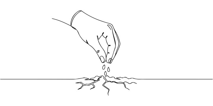 Continuous one line drawing of hands sowing seeds on broken ground, representing rebuilding and new hope, line art style vector illustration.