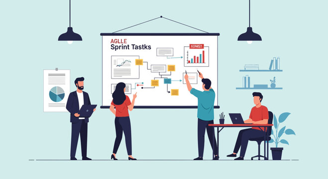 Team collaborates on agile sprint tasks during a meeting in a modern office space in the afternoon