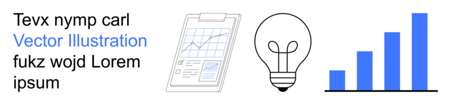 Business strategy, creativity, data analysis, innovation, productivity, progress. Lightbulb, clipboard with graph blue bar chart. Business strategy and creativity theme