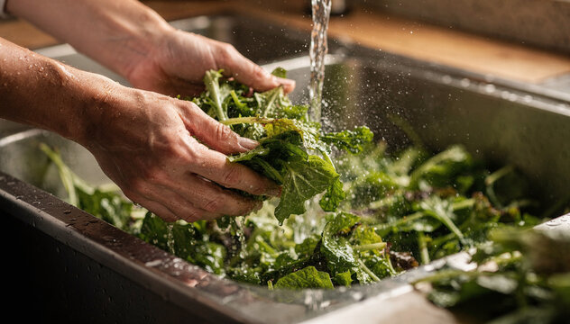 Close up of fresh green leafy produce held by hands under running water in a stainless steel kitchen sink, highlighting healthy food preparation