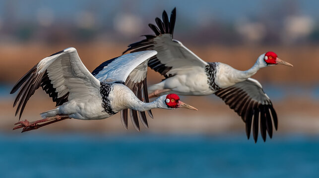 Two white cranes flying over a blue lake in Mongolia during June, symbolizing the beauty of nomadic nature