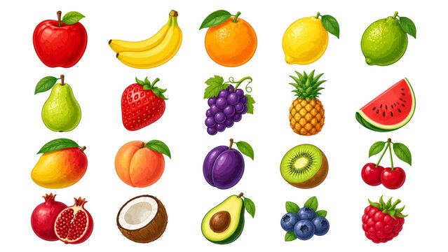 Fruit vector set with 20 fruits including apple, banana, orange and strawberry
