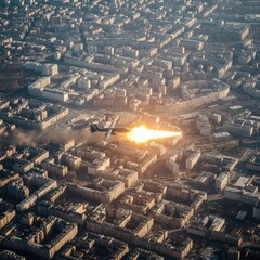 Obraz premium Aerial view of a military helicopter firing a missile over a densely populated city.