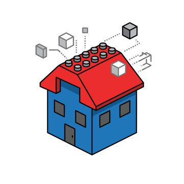 Isometric Lego House Illustration with Floating Blocks and Red Roof.