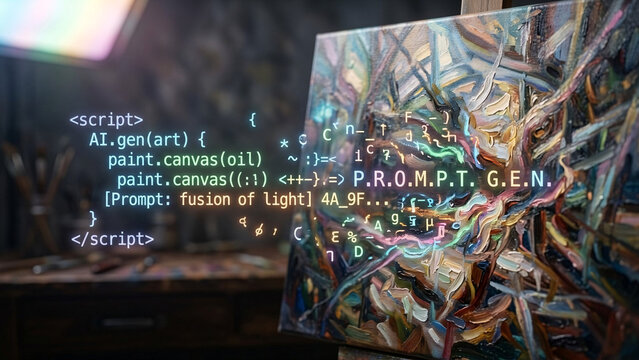 Programming code overlaying a colorful generative art canvas, AI prompt concept, 16:9.