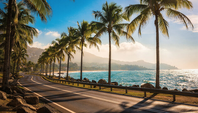 Coastal Road with Swaying Palm Trees and Ocean View Under a Clear Blue Sky, Perfect for Travel and Vacation Marketing Materials, Scenic Drive