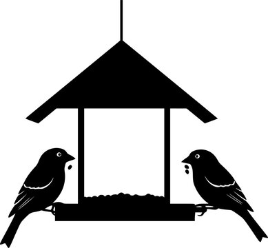Minimalist silhouette of two birds on a hanging bird feeder with roof, flat design isolated on white background
