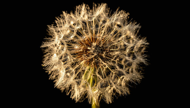 Vibrant close-up of a dandelion seed head illuminated by warm light against a stark black background, emphasizing its delicate, intricate details and natural beauty