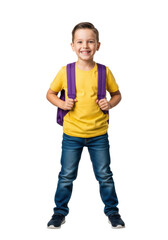 Fototapeta premium young caucasian schoolboy, 7, in vibrant yellow t-shirt and denim jeans, smiling widely while holding a purple backpack, full-length against a transparent studio background, concept of back to school