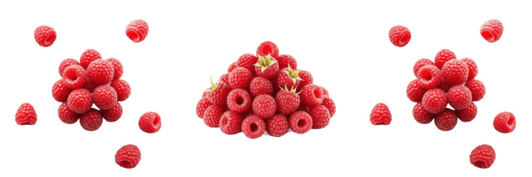 set Pile of Fresh Red Raspberries PNG - Fruit Berry Sweet Healthy Nutrition Harvest Organic Raw Nature Isolated on Transparent Background for Summer Food