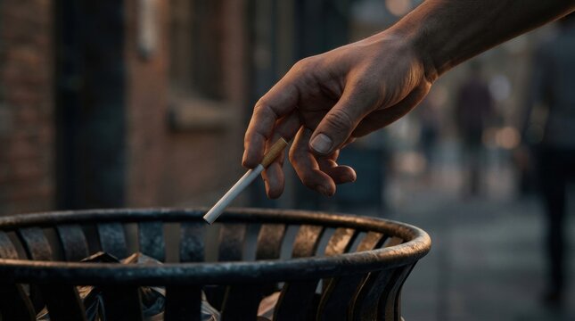 Hand Places Cigarette in Trash While Focusing on Ending Bad Habits and Addiction Recovery in an Urban Setting