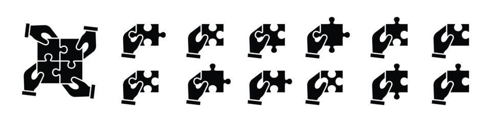 Fototapeta premium Hands holding jigsaw puzzle pieces, interlocking shapes, and group collaboration for business solution solid icon set