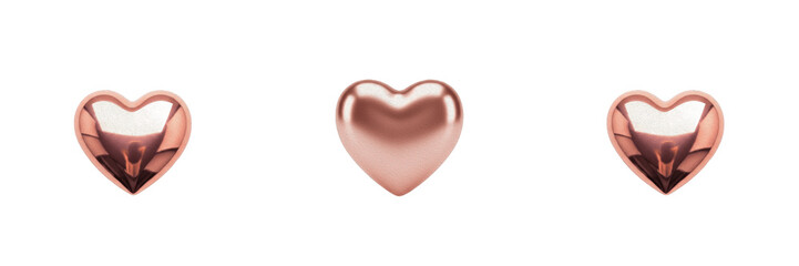 Fototapeta premium Rose Gold Metallic 3D Heart PNG - Love Romance Valentine Day Wedding Decoration Symbol Isolated on Transparent Background for Greeting Cards