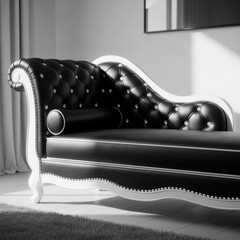 Fototapeta premium Elegant Black Tufted Chaise Lounge with White Frame.