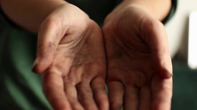 Close-up of hands soiled with earth cupped in begging gesture. Powerful concept of poverty, hardship and charity.