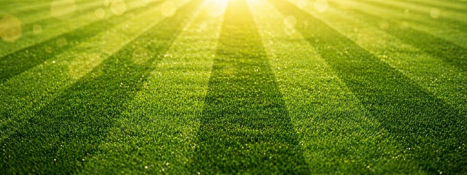 A beautiful, freshly cut professional soccer field with vibrant alternating light and dark green stripes, creating a crisp, geometric pattern perfect for sports, competition, and outdoor backgrounds