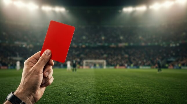 A referee's hand holding a red card high in a professional football stadium at night under bright floodlights. This image represents a foul, player expulsion, or a serious penalty in a soccer match.