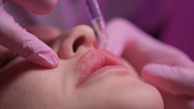 Awaiting cosmetic enhancement. Woman prepares for lip procedure. Patient readies for lip augmentation treatment. Caucasian woman in sterile environment before lip injections