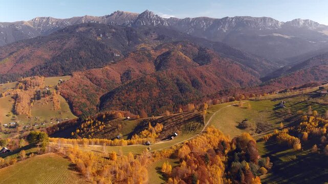 Aerial view of rolling hills covered in autumn foliage with scattered houses and the Bucegi Mountains in the distance in Bran, Brasov, Romania.