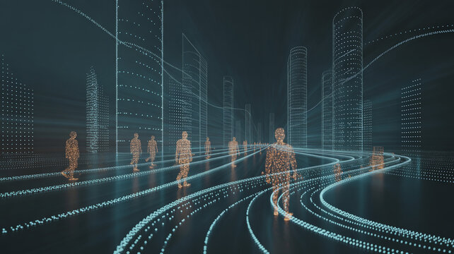 Futuristic digital cityscape with binary code and glowing pathways, digital