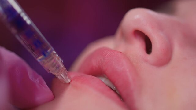 Awaiting cosmetic enhancement. Woman prepares for lip procedure. Patient readies for lip augmentation treatment. Caucasian woman in sterile environment before lip injections
