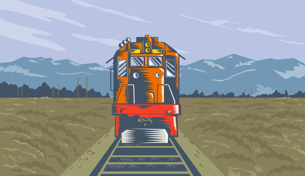 WPA style illustration of a diesel train traveling viewed from front with field and mountains in the background.