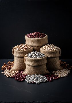 Assorted colorful beans in jute bags on dark surface