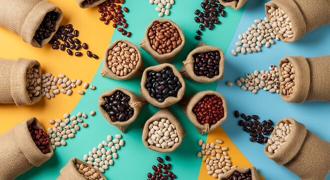 Assortedbeansinburlapbagsoncolorfulbackgrounds